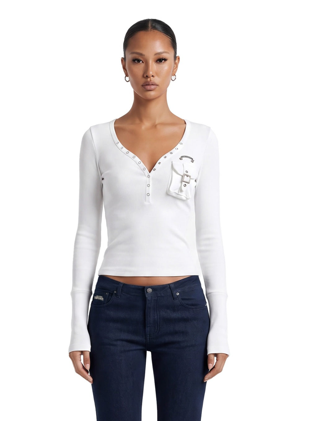 [w-tee26-255] Delta 2 Utility Cotton Rib Henley Neck Long Sleeve – White