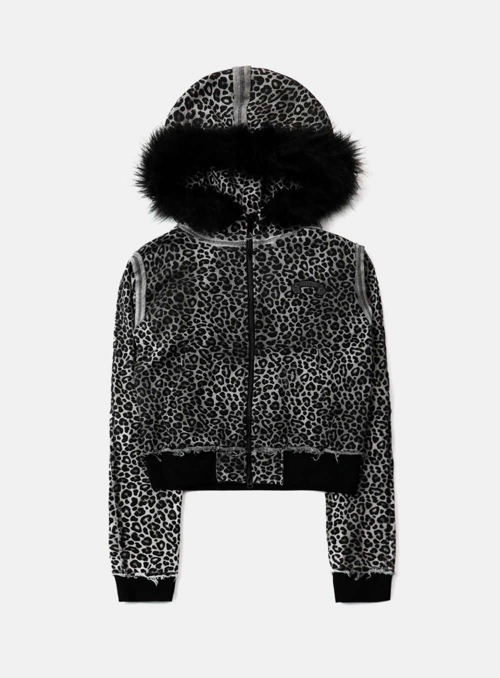 [w-hde25-081] Low Edge Detachable Fur Hooded Zip-Up Slim Fit - White Leopard