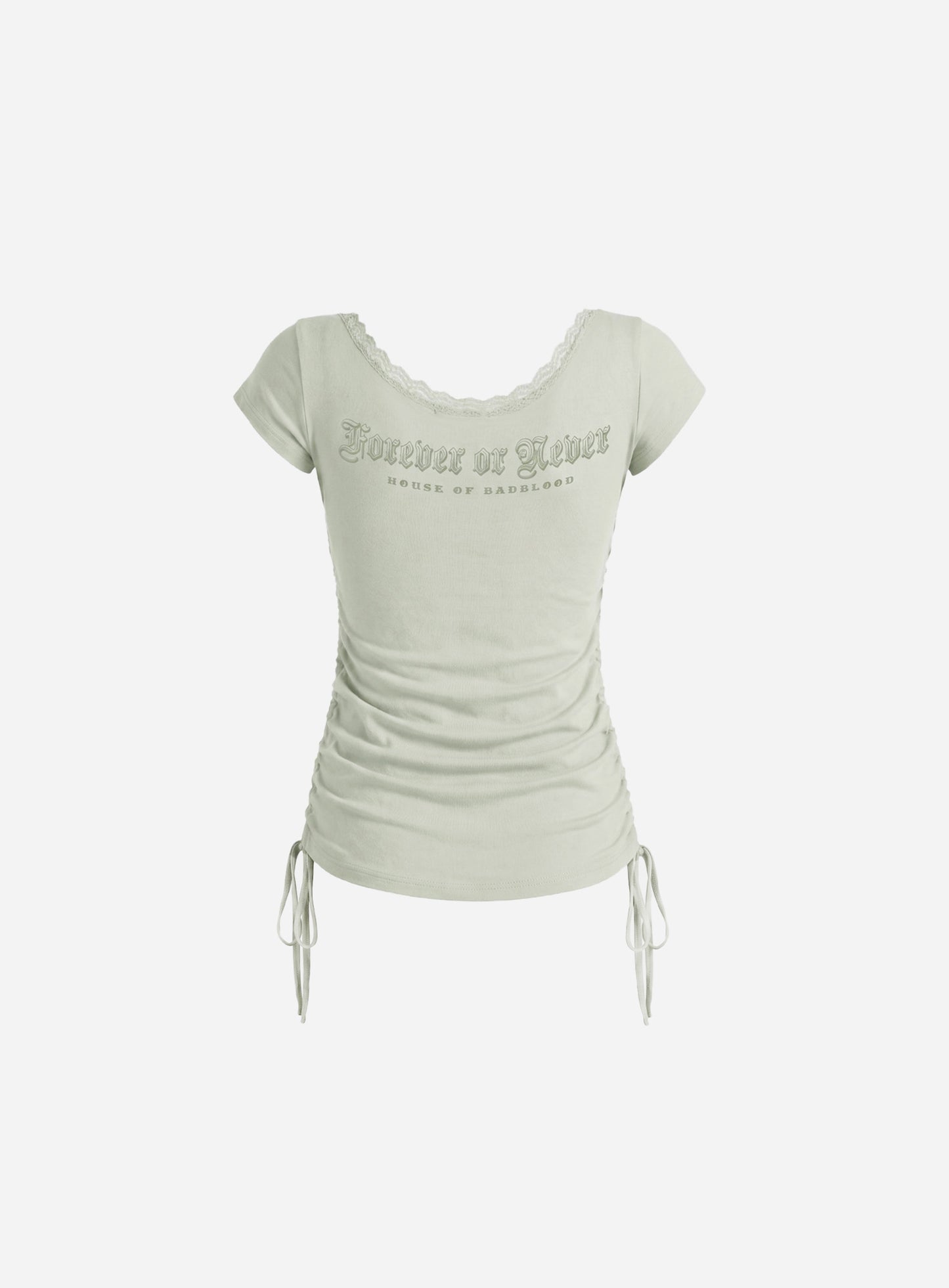 [w-tee26-237] Rhinestone Emblem Lace Deep Round 1/2 Sleeve T-shirt - Green