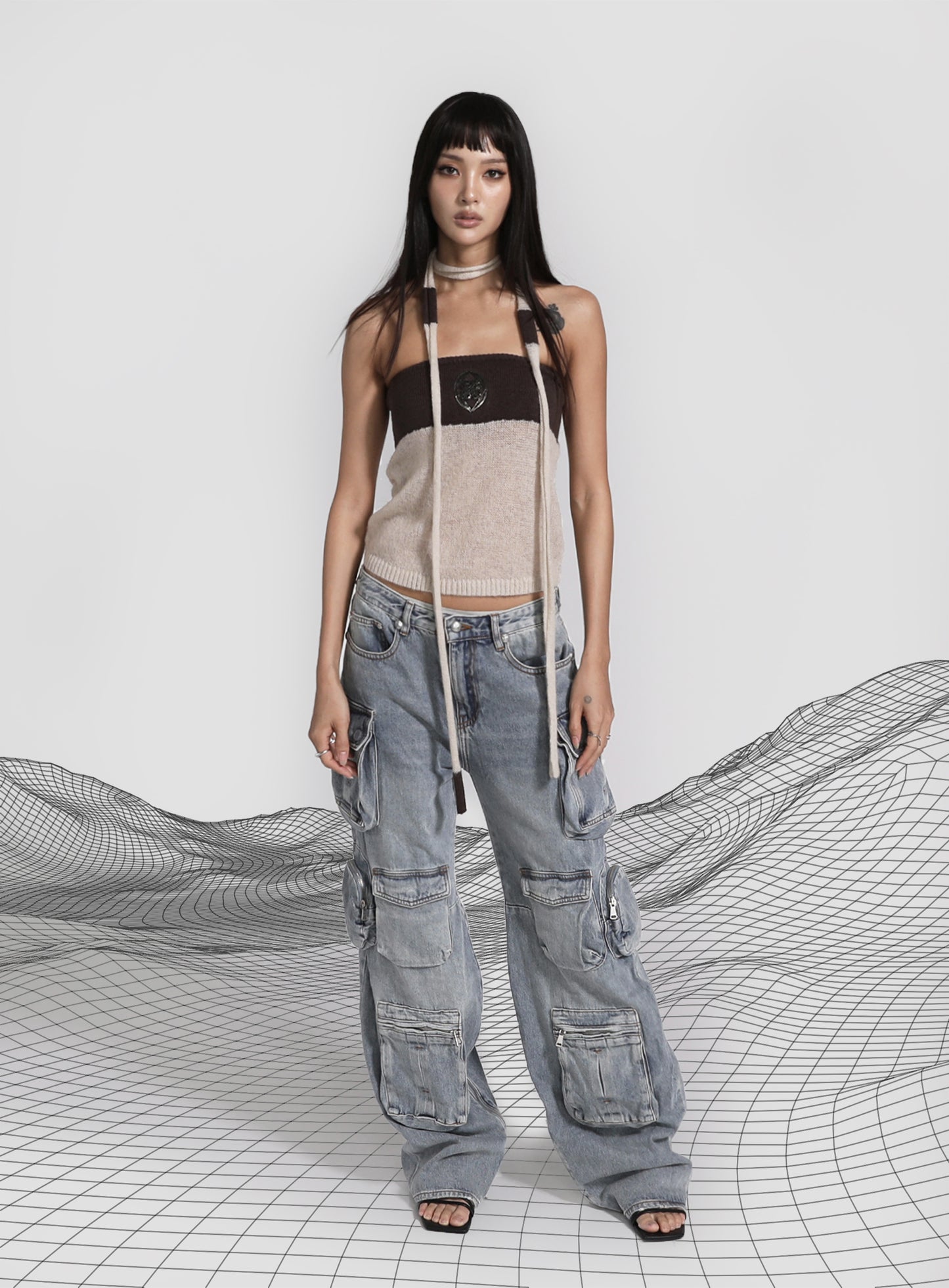 Kiddo Knit Tube Top & Scarf - Cream/Brown