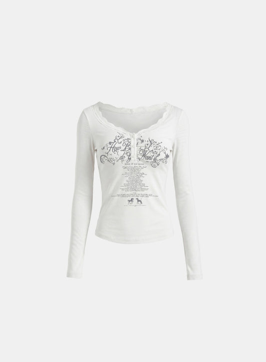 [w-tee26-165] DO YOU WANT IT Lace Henley Long Sleeve - White