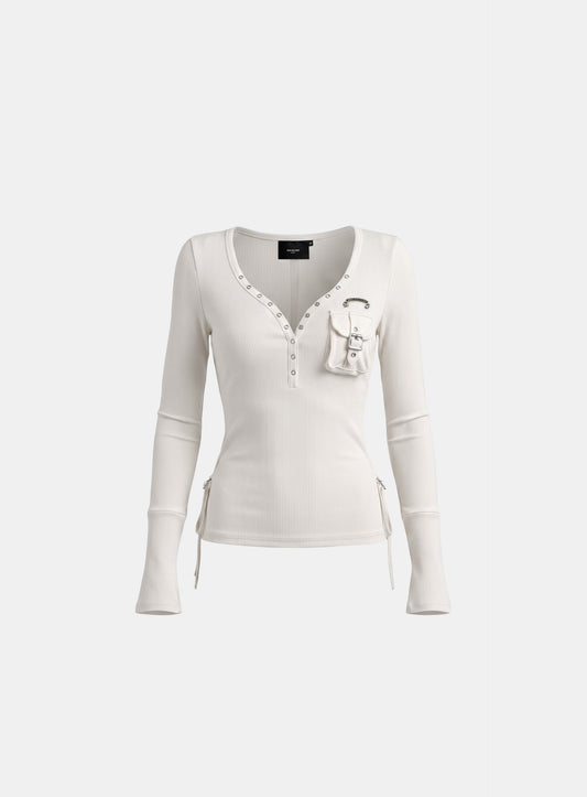 [w-tee26-255] Delta 2 Utility Cotton Rib Henley Neck Long Sleeve – White