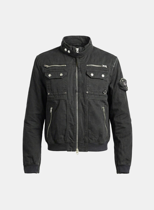 [w-jkt25-066] Daytona High-Neck Strap Bomber Jacket - Washed Black