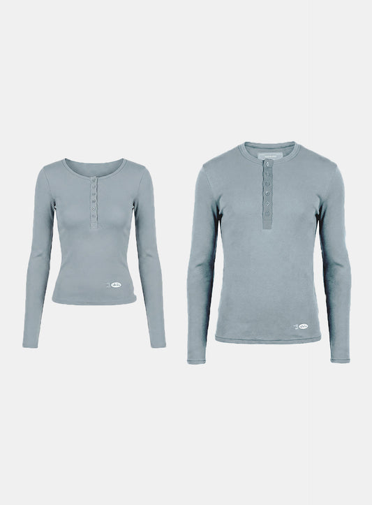 [w-tee26-039] BS Cotton Jersey Fitted Henley Neck Long Sleeve T-Shirt - Light Blue
