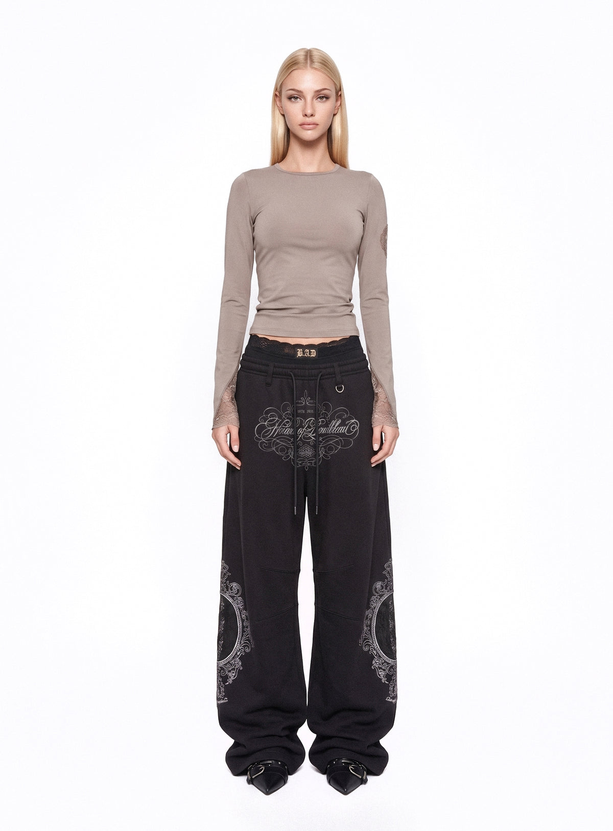 [w-tee26-292] H.B.B. Lace Back Point Crew Neck Long Sleeve - Nude