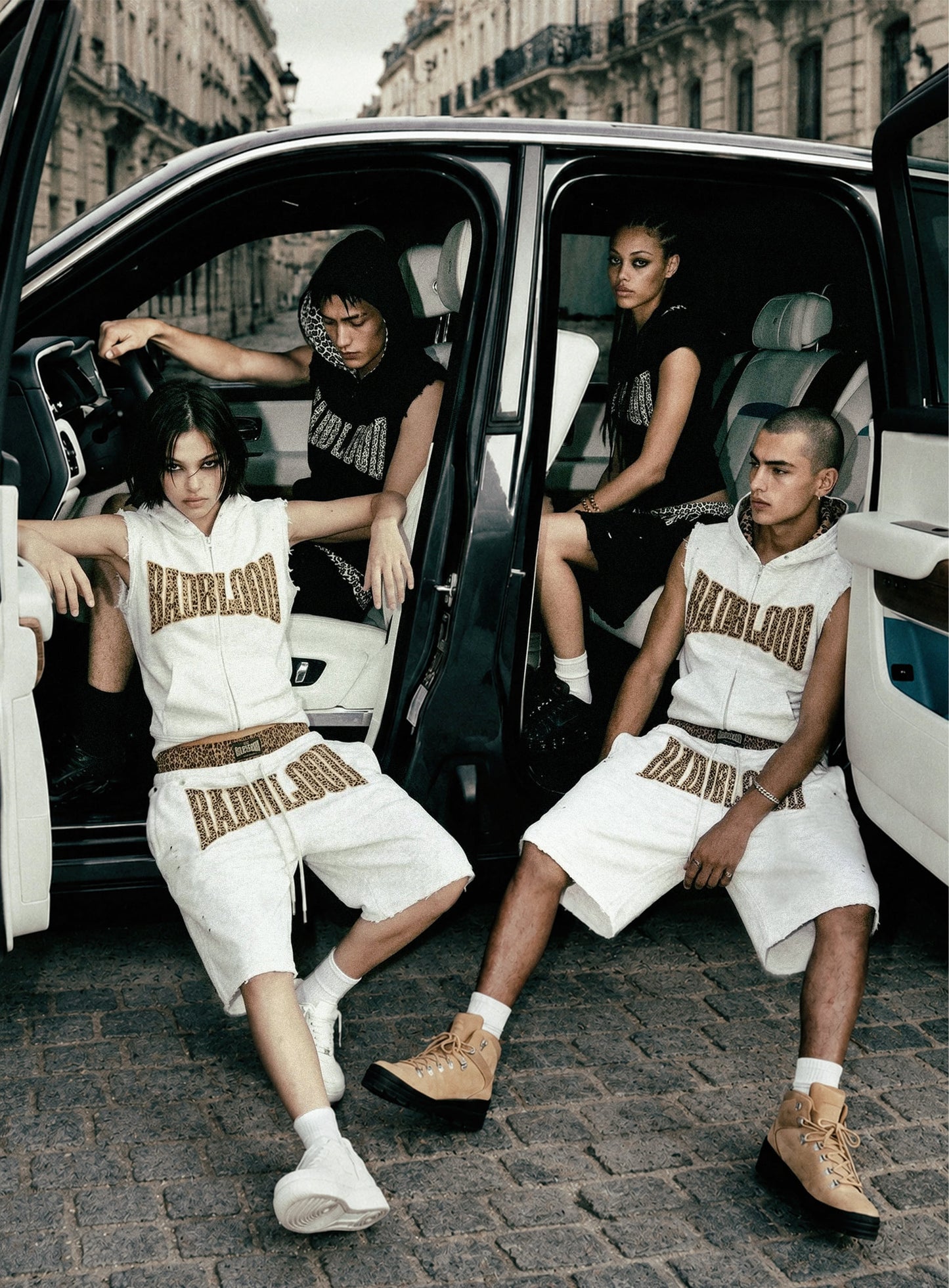 [w-pts26-109] Curved Logo Boxer Layered Sweatshirt Bermuda Shorts - Leopard Melange