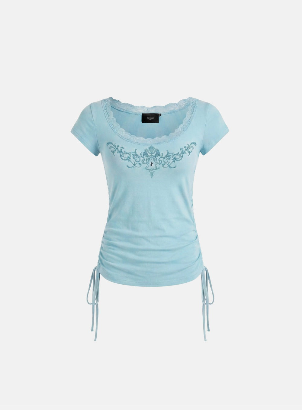 [w-tee26-237] Rhinestone Emblem Lace Deep Round 1/2 Sleeve T-shirt - Mint