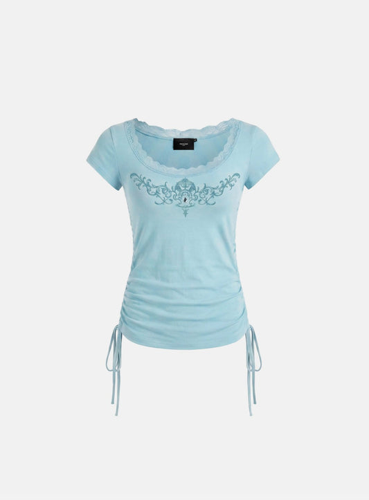 [w-tee26-237] Rhinestone Emblem Lace Deep Round 1/2 Sleeve T-shirt - Mint