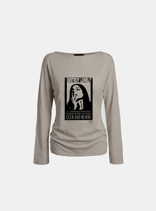 [w-tee26-121] CLUB BAD POST Boat Neck T-Shirt - Sand