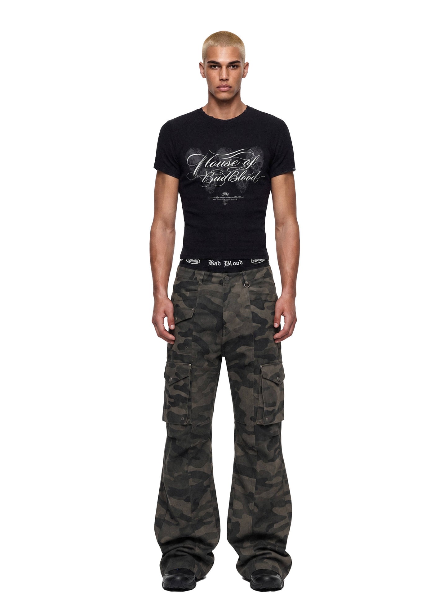[w-tee26-219] H.B.B. Penta Skull Waffle 1/2 sleeve T-shirt - black
