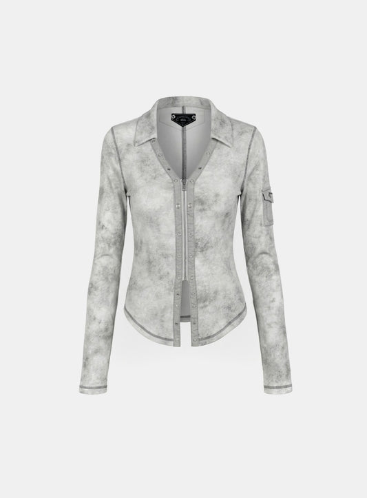 [w-cdg26-001] Viper Cotton Rib V-Neck Collared Zip-Up - White