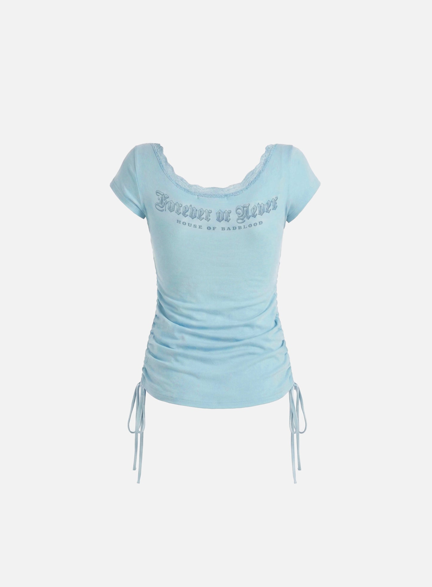 [w-tee26-237] Rhinestone Emblem Lace Deep Round 1/2 Sleeve T-shirt - Mint