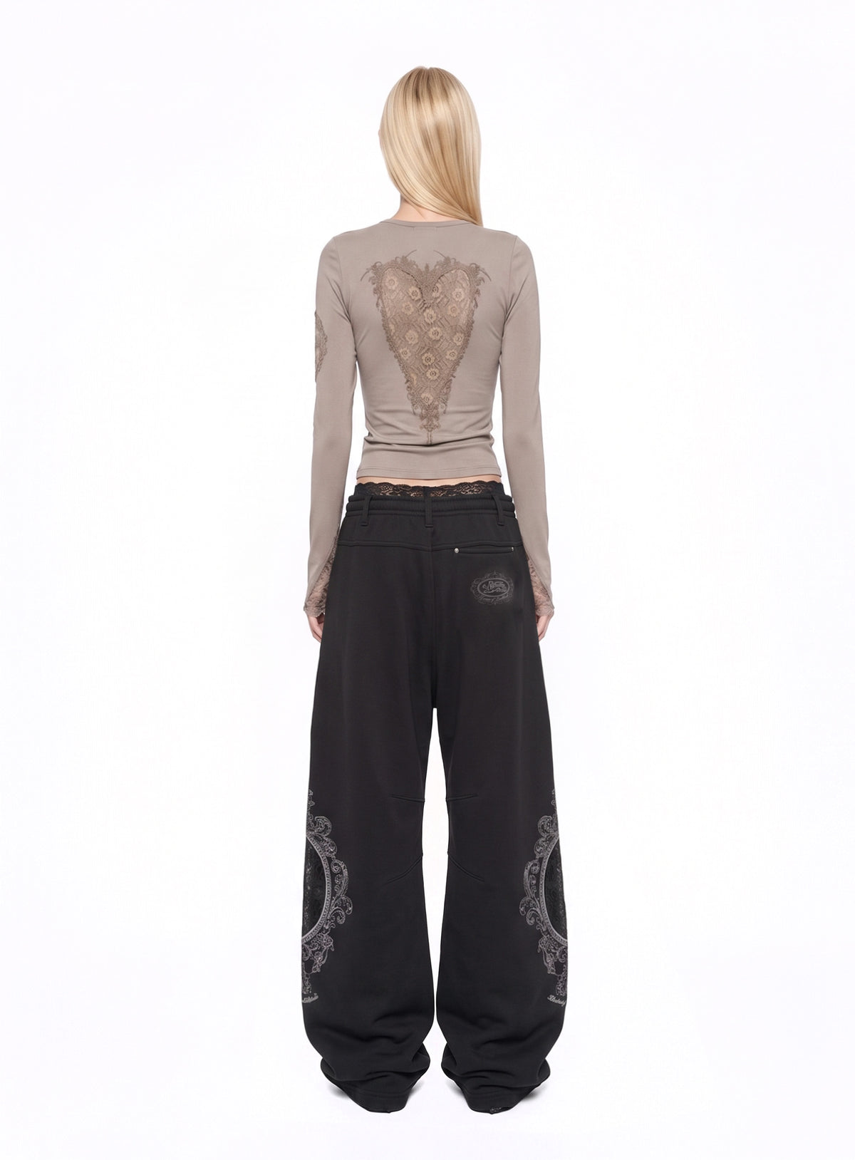 [w-tee26-292] H.B.B. Lace Back Point Crew Neck Long Sleeve - Nude