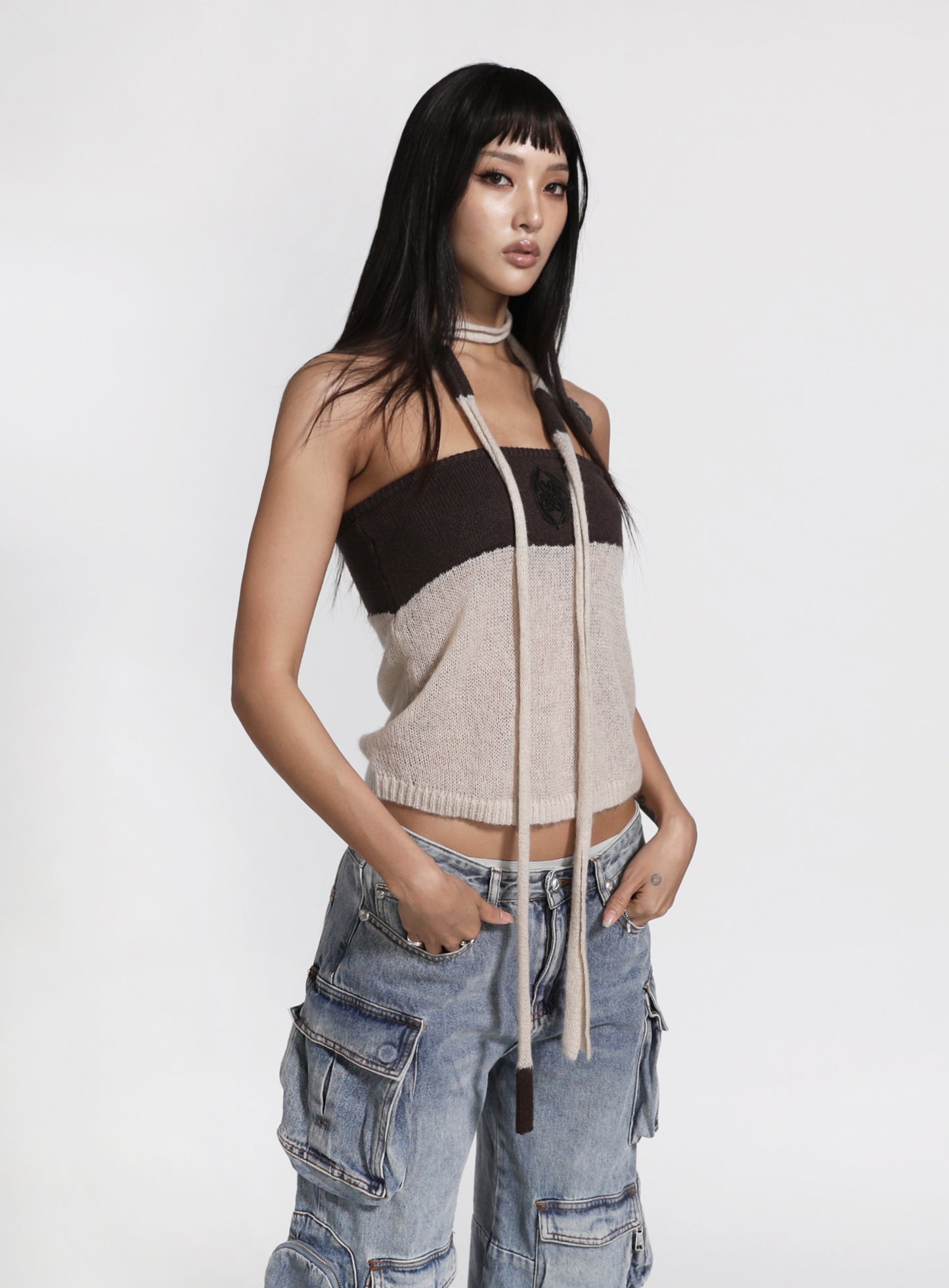 Kiddo Knit Tube Top & Scarf - Cream/Brown