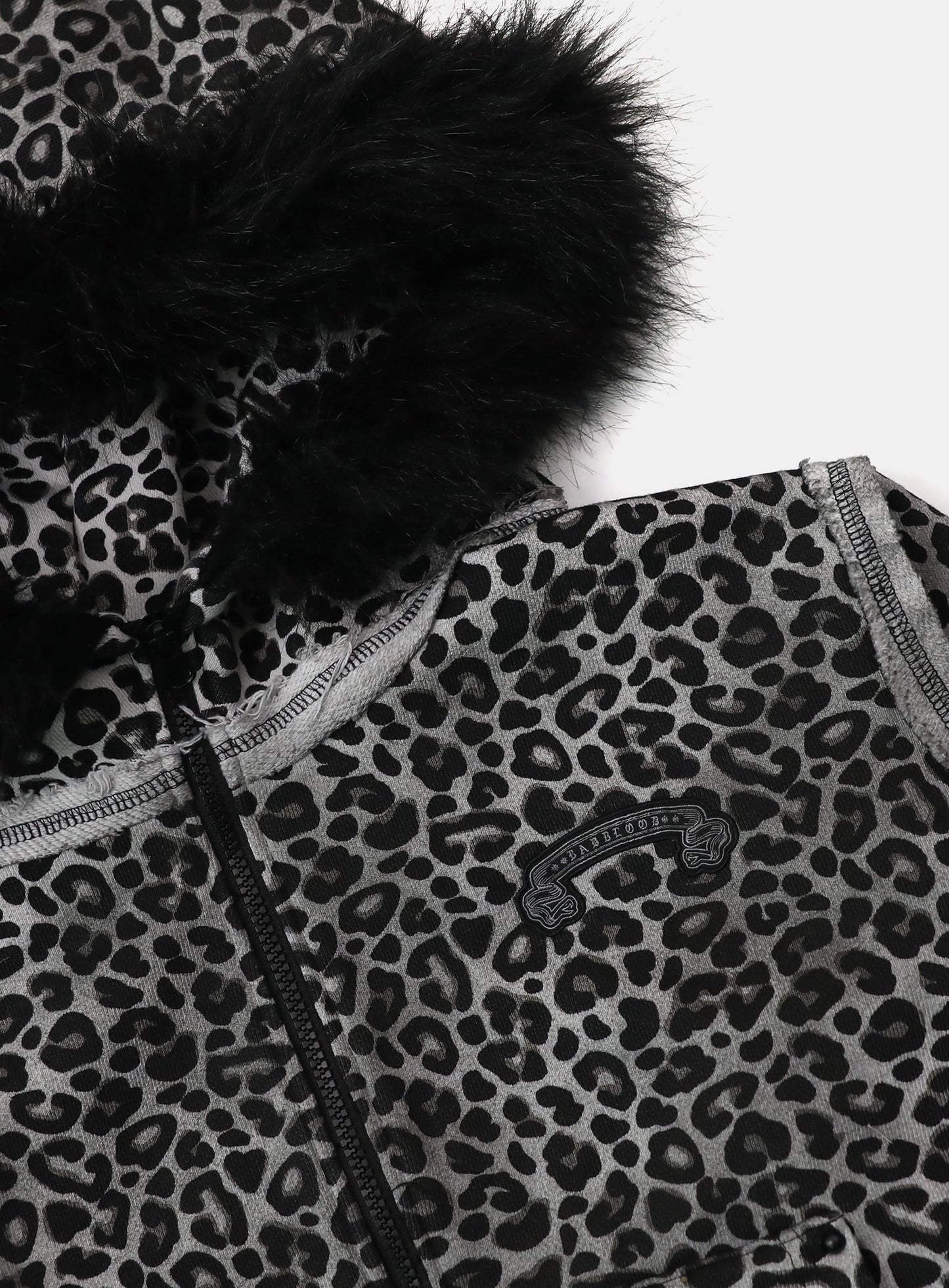 [w-hde25-081] Low Edge Detachable Fur Hooded Zip-Up Slim Fit - White Leopard