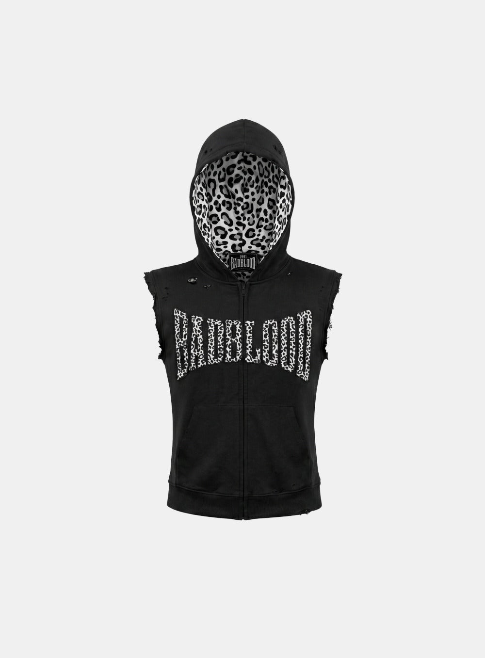 [w-hde26-040] Curved Logo Sleeveless Zip-Up Hoodie - Leopard Black