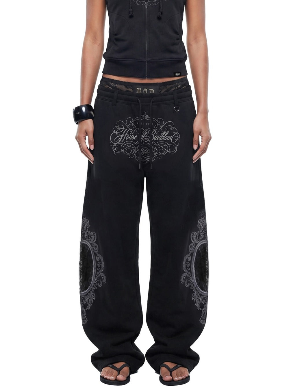 [w-pts26-127] H.B.B. Royal Lace Rhinestone Lightweight Jogger Pants - Black