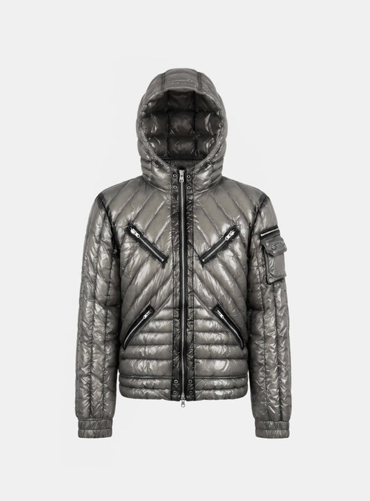 [﻿PREORDER]  [w-jkt26-075] Chevron 321 Lightweight Hooded Puffer – Charcoal
