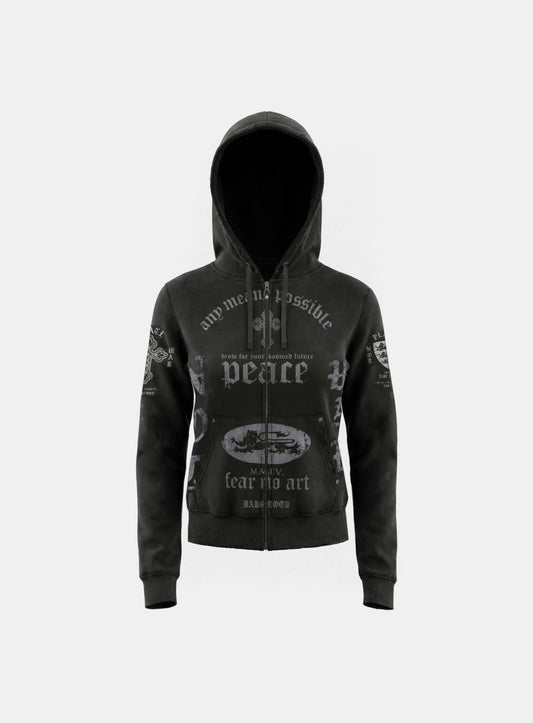 PEACE NOT WAR Hooded Zip-Up - Dusty Black