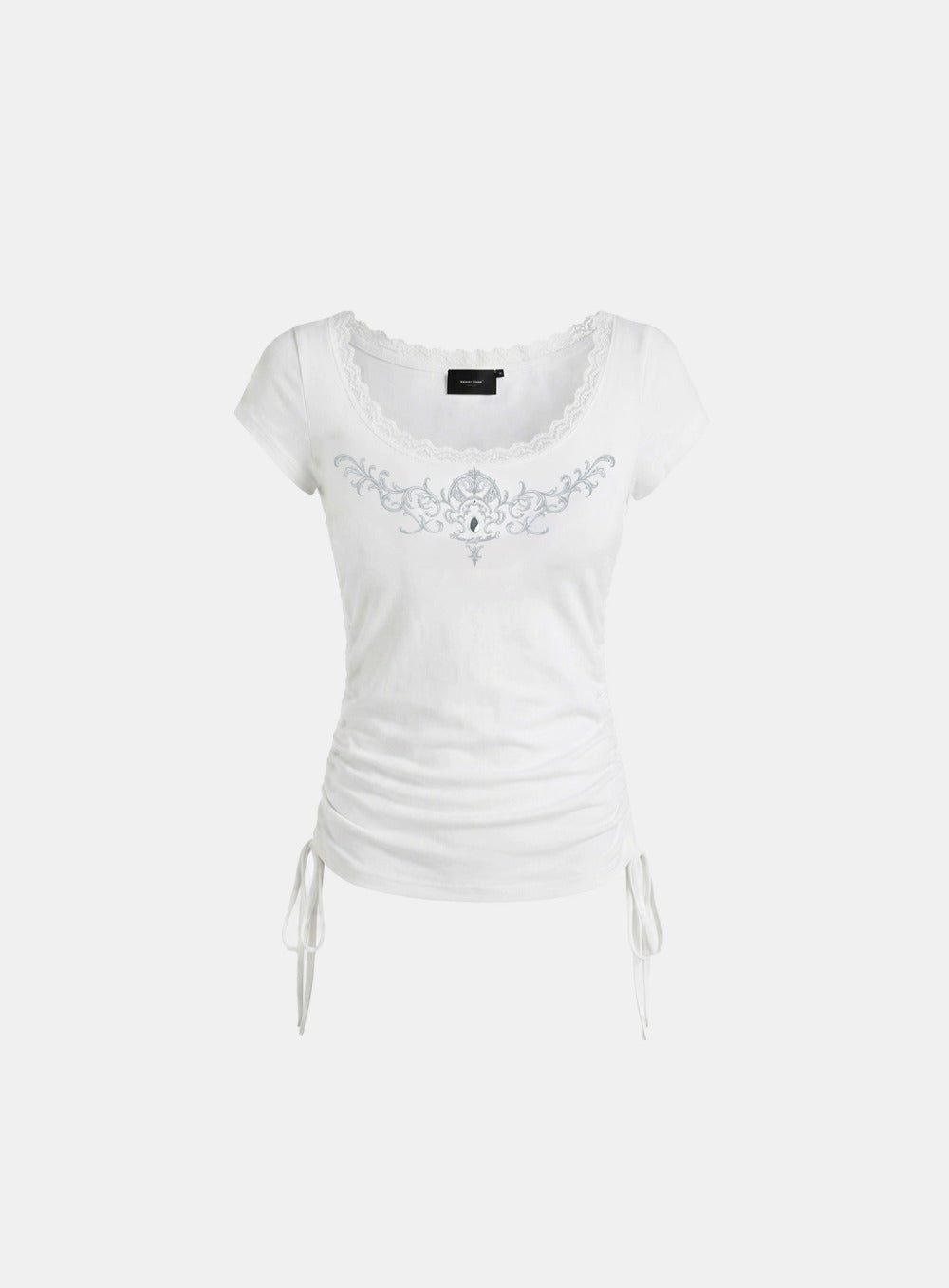 [w-tee26-236] Rhinestone Emblem Lace Deep Round 1/2 Sleeve T-shirt - White