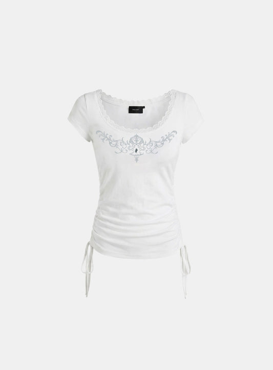 [w-tee26-236] Rhinestone Emblem Lace Deep Round 1/2 Sleeve T-shirt - White