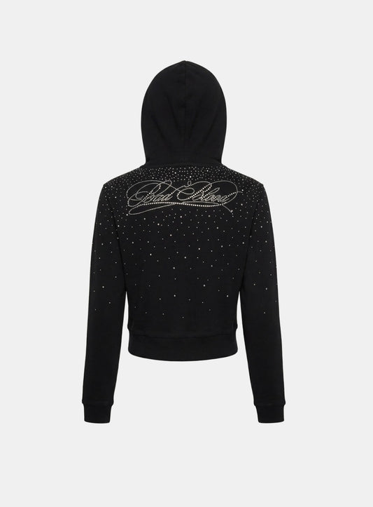 [w-hde25-078] Dark Classic Rhinestone Hooded Zip-Up Slim Fit - Black