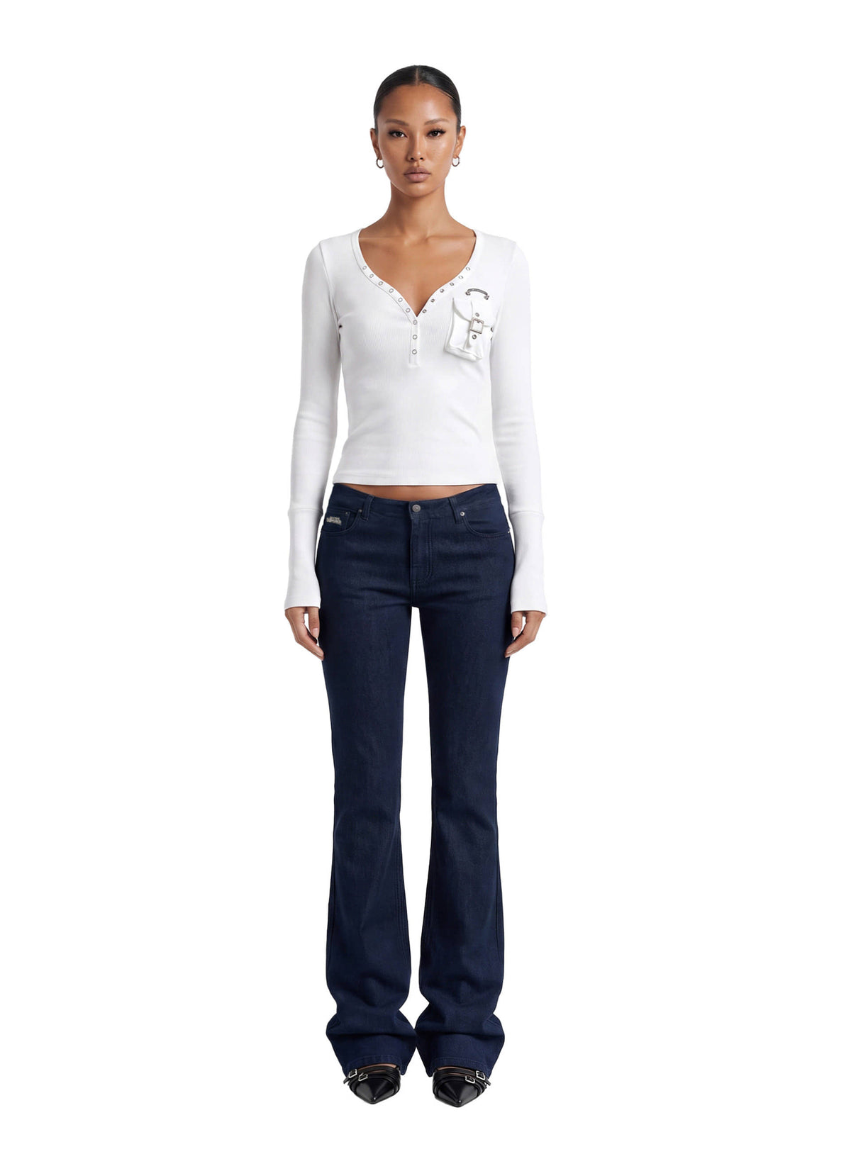 [w-tee26-255] Delta 2 Utility Cotton Rib Henley Neck Long Sleeve – White