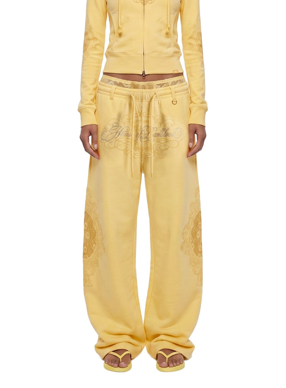 [w-pts26-125] H.B.B. Royal Lace Rhinestone Lightweight Jogger Pants - Yellow