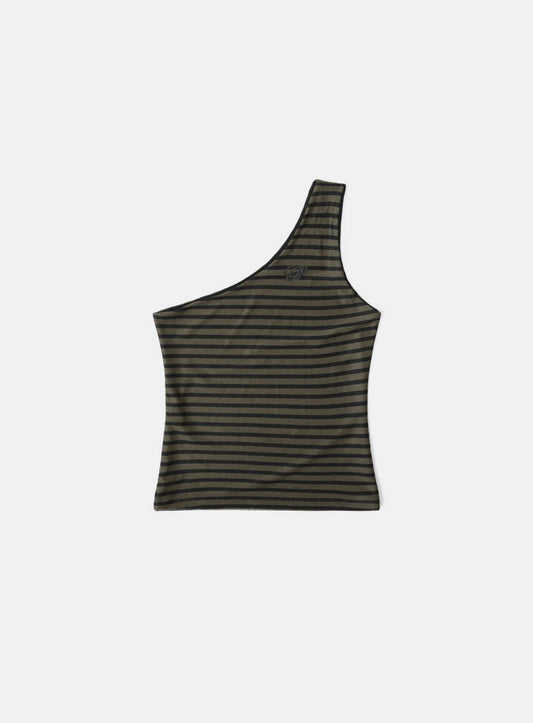 Striped One Shoulder Tank+SCARF - Khaki/Black