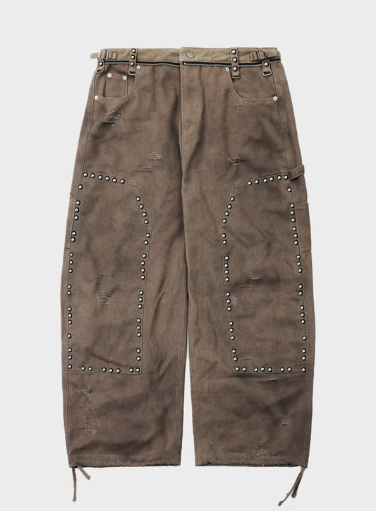 [w-pts25-082] Studded Carpenter Curved Pants - Brown