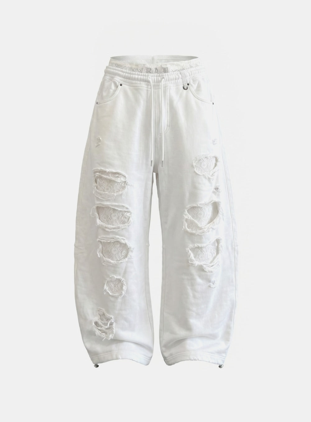 [w-pts26-103] Lace Layered Destroyed Joggers - White