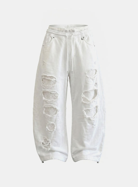 [w-pts26-103] Lace Layered Destroyed Joggers - White