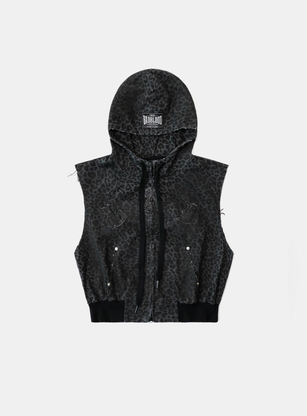 [w-hde25-027] Mystic Patch Sleeveless Hooded Work Jacket - Black Leopard