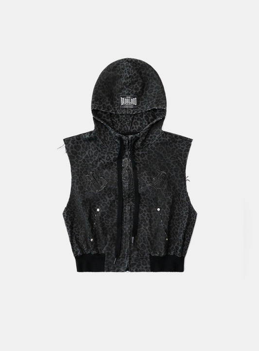 [w-hde25-027] Mystic Patch Sleeveless Hooded Work Jacket - Black Leopard