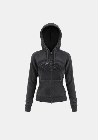 [w-hde26-061] Mystic Capsule Patch Zip-up Hoodie – Washed Black
