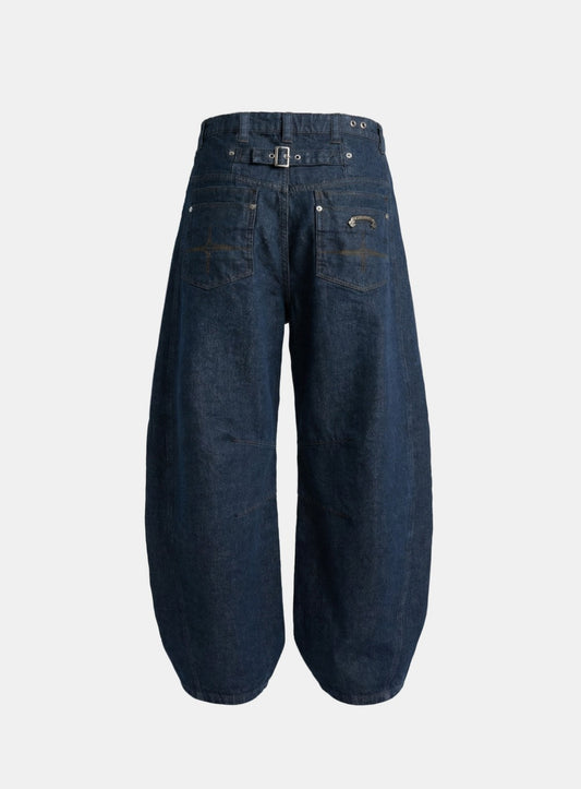 [w-pts26-062] Selvedge Cinch-Back Curved Fit Pants - Blue