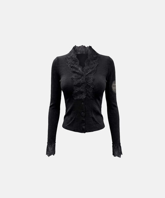 [w-cdg26-007] H.B.B. V-NECK Lace Cardigan- Black