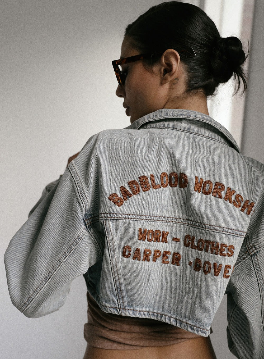 Extra Crop Denim Trucker Jacket - Mid Blue