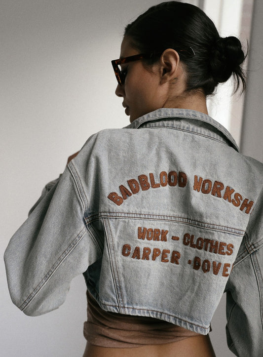 Extra Crop Denim Trucker Jacket - Mid Blue