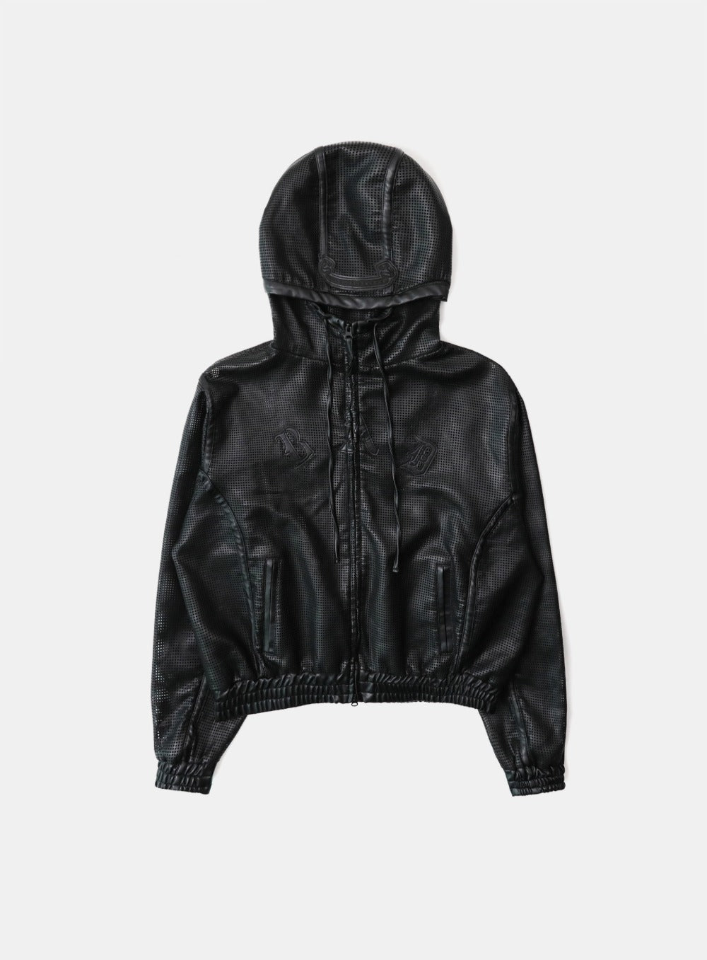 Perforated Leather Hooded Zip-Up - Black