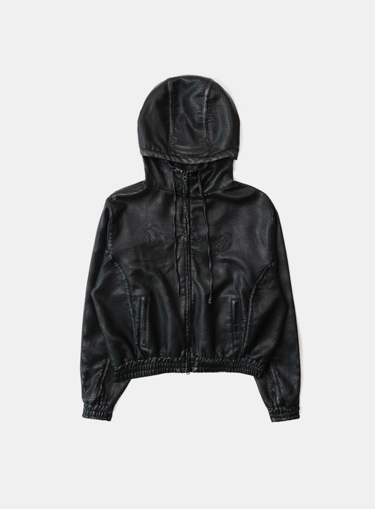 Perforated Leather Hooded Zip-Up - Black