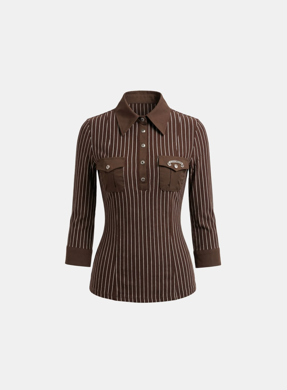 [w-tee26-107] Vintage Jersey Polo 3/4 Sleeve Shirt - Brown Stripe