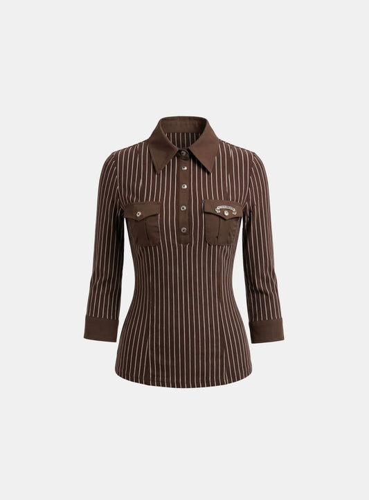 [w-tee26-107] Vintage Jersey Polo 3/4 Sleeve Shirt - Brown Stripe