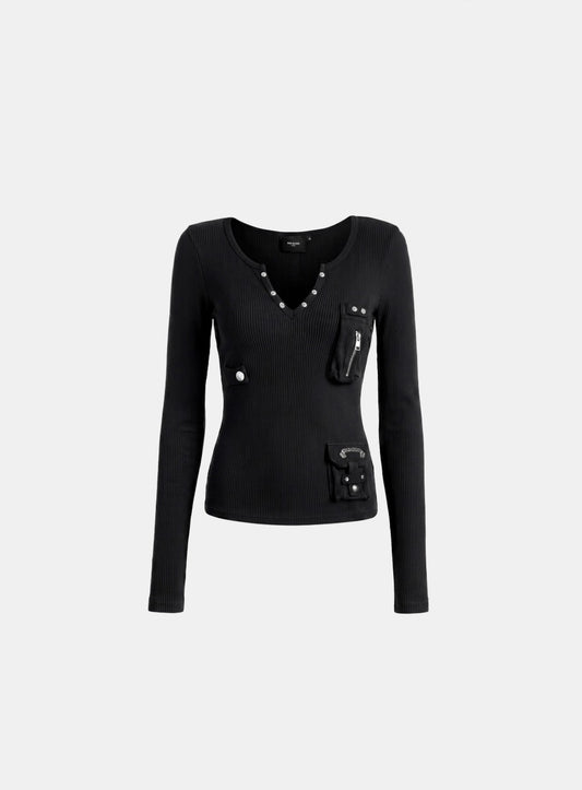 [w-tee26-260] Delta 2 Utility Cotton Rib Slit Crew Long Sleeve - Black