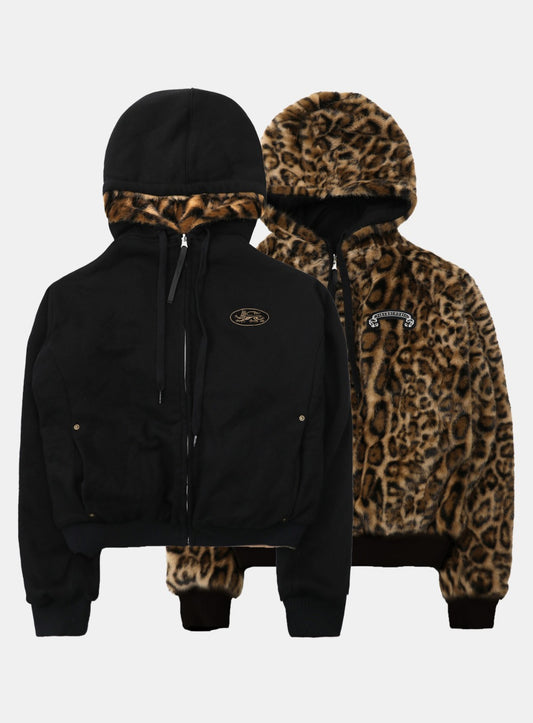 Mystic 11 Reversible Fur Hooded Jacket - Black/Brown Leopard
