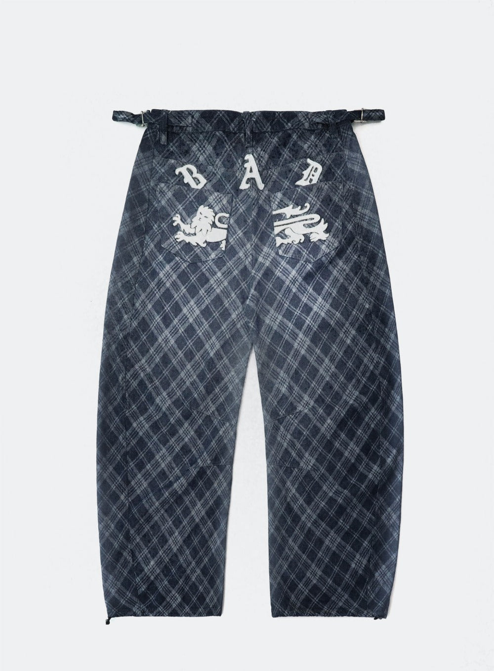 Lion Patch Washed Barrel Pants - Blue Denim Check