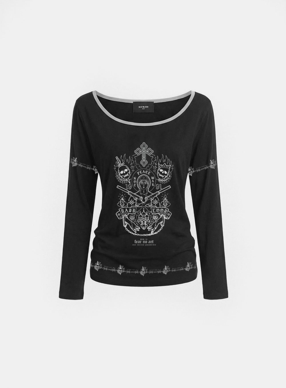[w-tee26-152] Peace Not War Print Loose-Fit Long Sleeve - Black