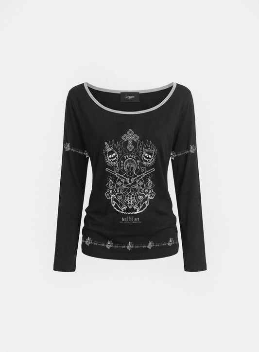 [w-tee26-152] Peace Not War Print Loose-Fit Long Sleeve - Black