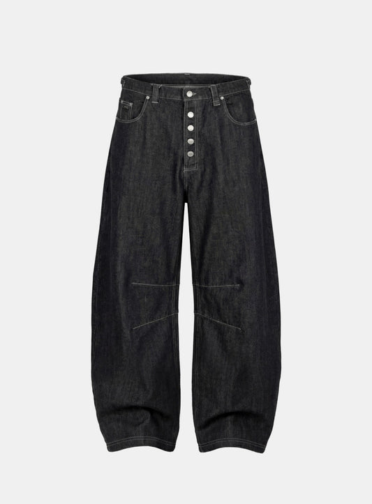 [w-pts26-089] 0509 Button Fly Curved Pants - Black Denim
