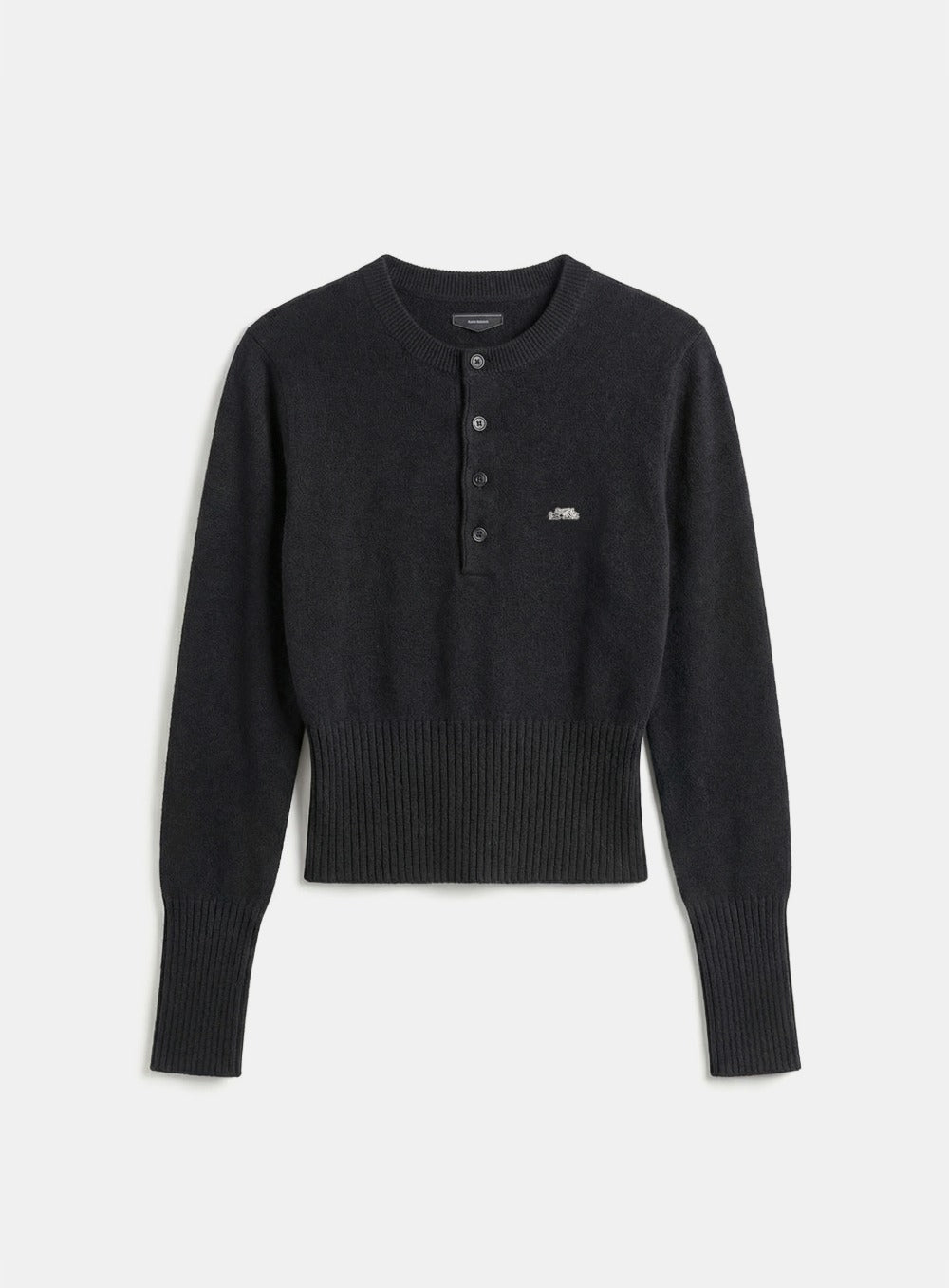 [w-knt26-025] Fine Merino Wool Knit Henley Neck - Black